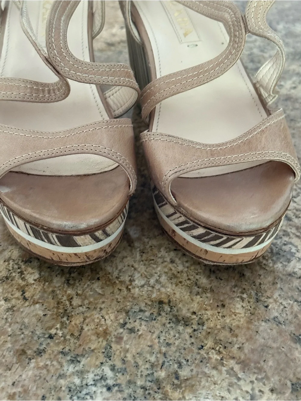 Prada Beige Leather Platform Wedge Sandals Zebra Stripe Cork Slingback 37
